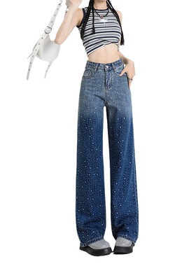 Casual hot drill straight leg denim pants 休闲烫钻直筒牛仔裤