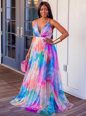 Printed mesh V-neck skirt with large swing 印花网纱V领大摆裙