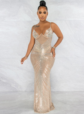 Hot Diamond Off Shoulder Mesh Long Dress时尚烫钻露肩网纱长裙