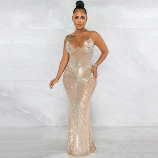 Shoulder Off Mesh Long 烫钻露肩网纱长裙 Hot Dress时尚 Diamond