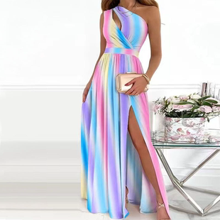 Print Fashion Split Shoulder Dress斜肩开叉印花连衣裙 Oblique