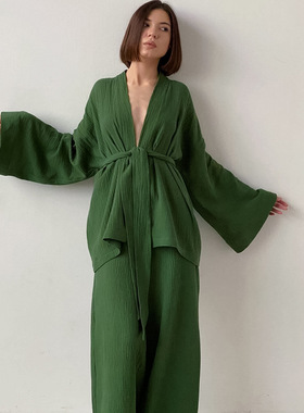 Loose Lace Up Long Sleeve Pajama Set纯色宽松系带长袖睡袍套装