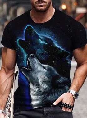 Slim fit wolf pattern 3D printed T-shirt修身 狼图案3d印花T恤