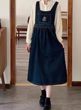 Retro loose denim suspender dress 复古宽松牛仔背带连衣裙女士