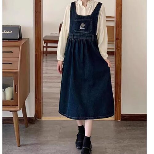 Retro loose denim suspender dress 复古宽松牛仔背带连衣裙女士