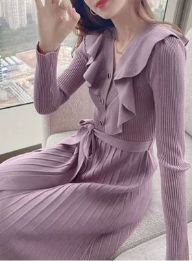 Fashionable knee length knitted dress 时尚过膝针织连衣裙女士
