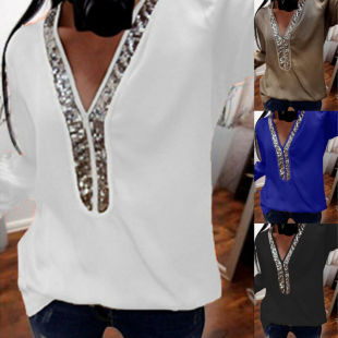 Solid color patchwork V-neck beaded top纯色拼接V领珠片上衣女