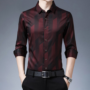 Fashion Stripe Polo Long Sleeve Shirt 时尚条纹翻领长袖衬衫男