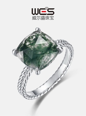 通勤正方枕型水草玛瑙戒指女S925银镀18K金PT950铂金绿苔藓石女戒