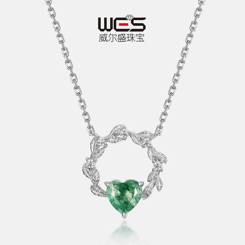 时尚水草玛瑙项链女S925银镀18K金PT950铂金爱心苔藓锁骨链百搭