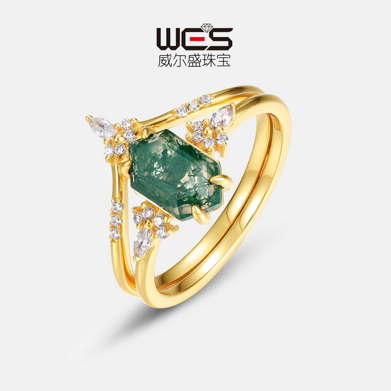 水晶绿苔藓石叠戴戒指S925银镀18K金镶嵌彩宝几何水草玛瑙组合戒