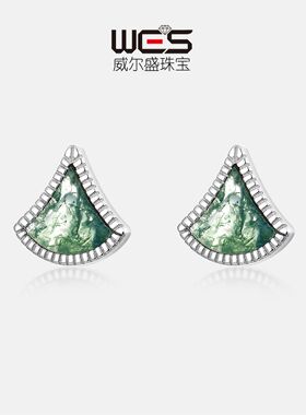 欧美扇形天然水草玛瑙耳钉女S925银镀18K金绿苔藓石耳饰轻奢小众