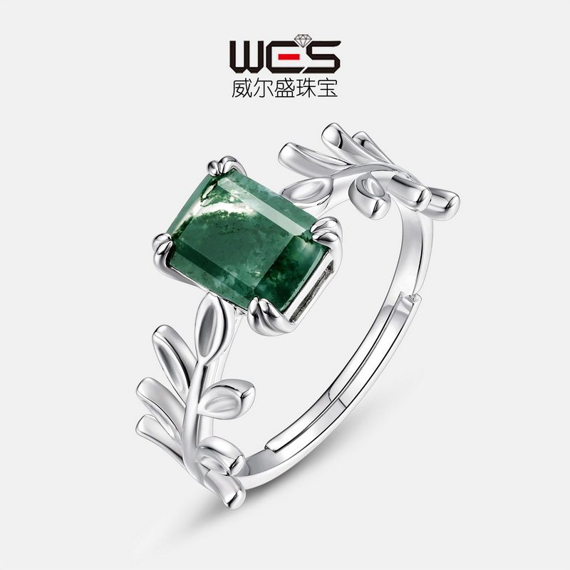 新款个性橄榄枝天然绿苔藓石戒指S925银镀18K金PT950铂金食指戒