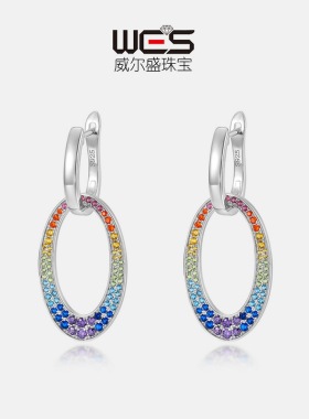 新款耳环女复古耳饰S925银镀18K金镶嵌彩宝宝石彩虹耳圈拆卸两戴