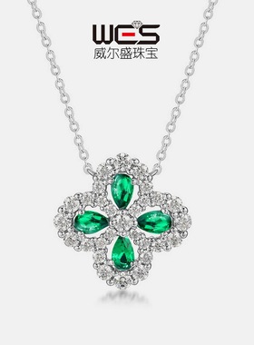 S925银镀18K金镶嵌宝石培育祖母绿项链女四叶草文艺风锁骨链吊坠