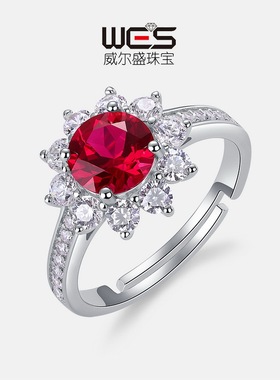 太阳花培育红宝戒指女S925银镀18K金满镶嵌彩宝宝石开口戒