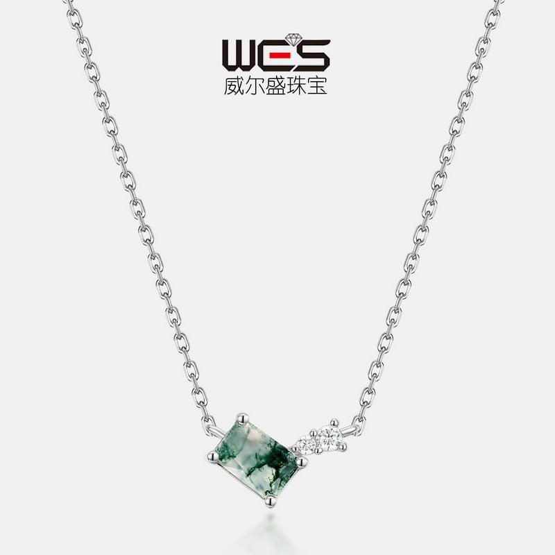 新款几何水草玛瑙项链S925银镀18K金镶嵌彩宝宝石绿苔藓石锁骨链