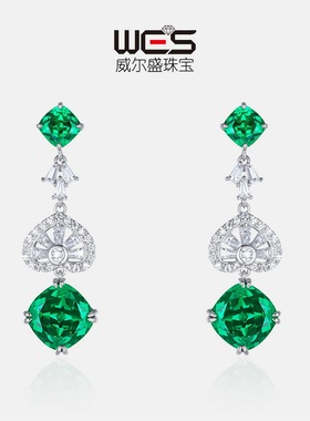 新款时尚优雅绿榴石耳坠S925银镀18K金PT950铂金镶培育彩宝耳饰