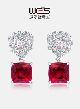 S925银镀18K金镶嵌培育红宝耳坠仿真玫瑰花朵耳钉时尚轻奢欧美风