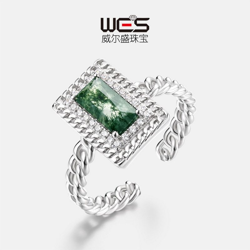 麻花设计水草玛瑙戒指女S925银镀18K金PT950铂金绿苔藓石开口戒