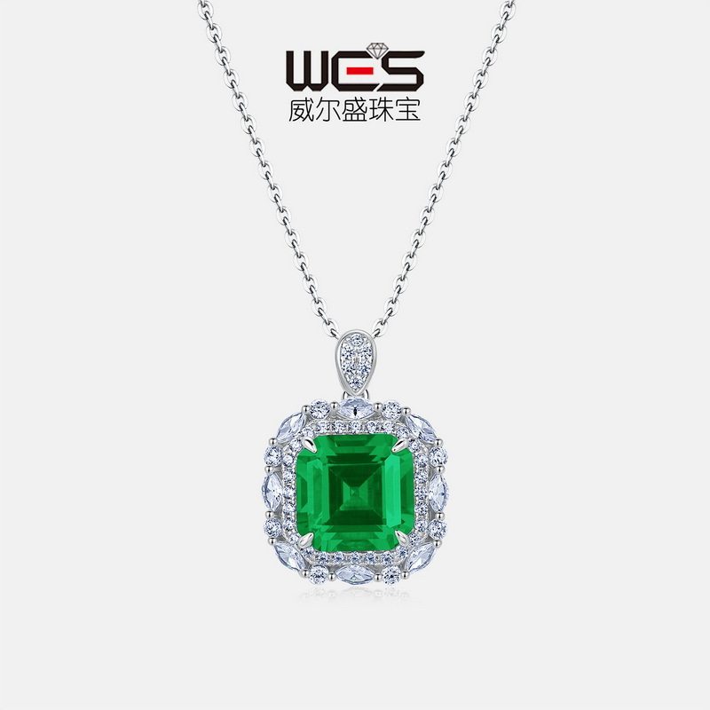新品培育彩宝S925纯银镀18K金PT950铂金吊坠满钻镶方包绿红蓝石女