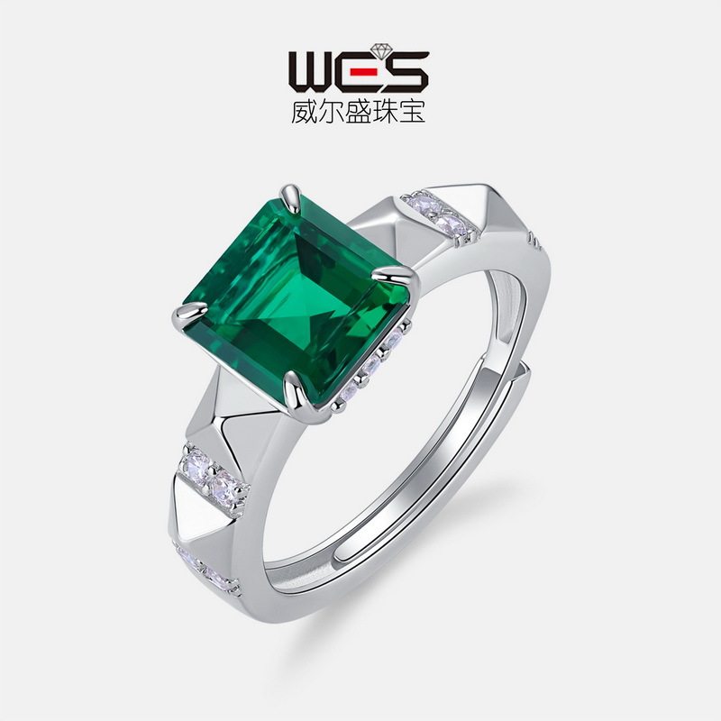 公主方培育祖母绿戒指S925银镀18K金镶彩宝宝石复古指戒时尚