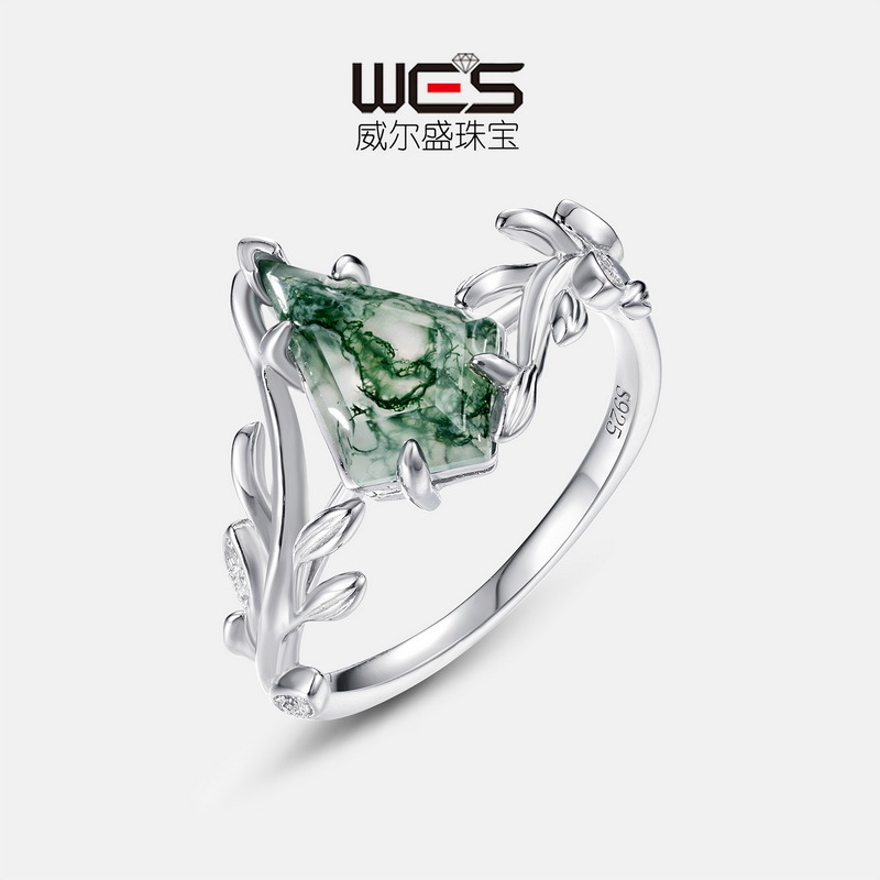 新款橄榄枝天然绿苔藓石S925银镀18K金镶水草玛瑙几何食指彩宝戒
