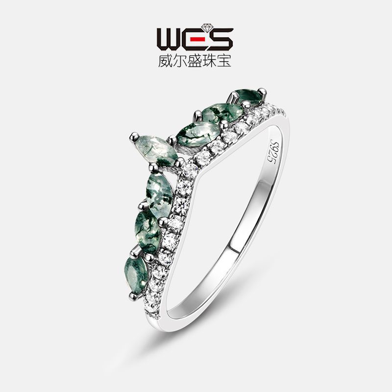 欧美新品S925银镀18K金绿苔藓戒指水草玛瑙手饰高贵轻奢时尚风格