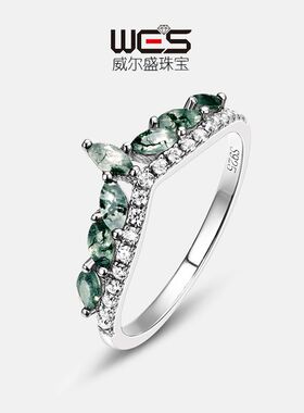 欧美新品S925银镀18K金绿苔藓戒指水草玛瑙手饰高贵轻奢时尚风格
