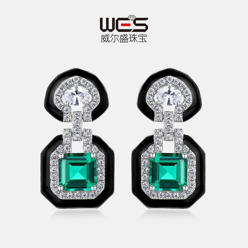 几何培育祖母绿耳钉S925银镀18K金PT950铂金培育彩宝耳饰高级复古