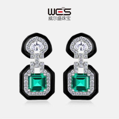 几何培育祖母绿耳钉S925银镀18K金PT950铂金培育彩宝耳饰高级复古