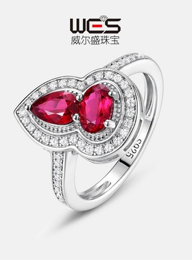 葫芦培育红宝戒指女S925银镀18K金镶培育彩宝宝石食指戒时尚指环