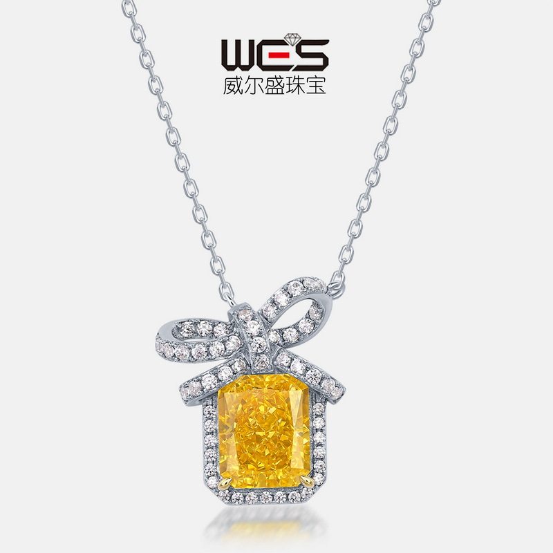 欧美S925银镀18K金鹅黄项链彩宝宝石冰花切高碳钻锁骨链时尚风
