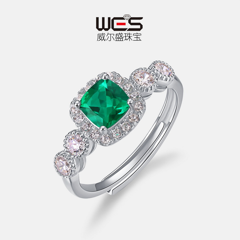 欧美肥方培育祖母绿戒指S925银镀18K金镶钻彩宝开口指戒复古轻奢