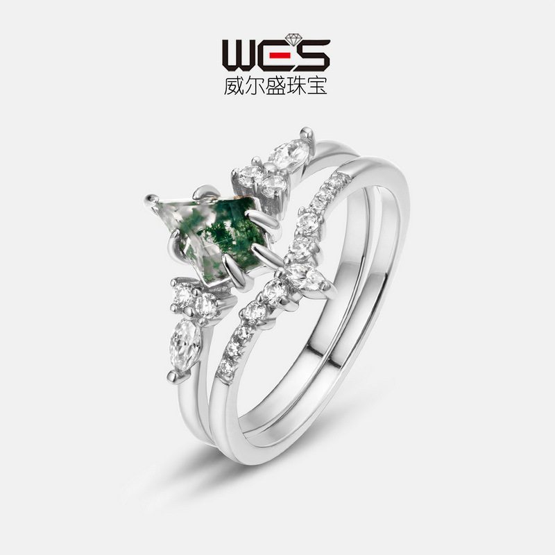新品S925银镀18K金绿苔藓石戒指水草玛瑙彩宝宝石指戒时尚轻奢