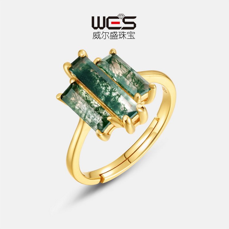 个性夸张天然绿苔藓石食指戒S925银镀18K金PT950铂金水草玛瑙戒指
