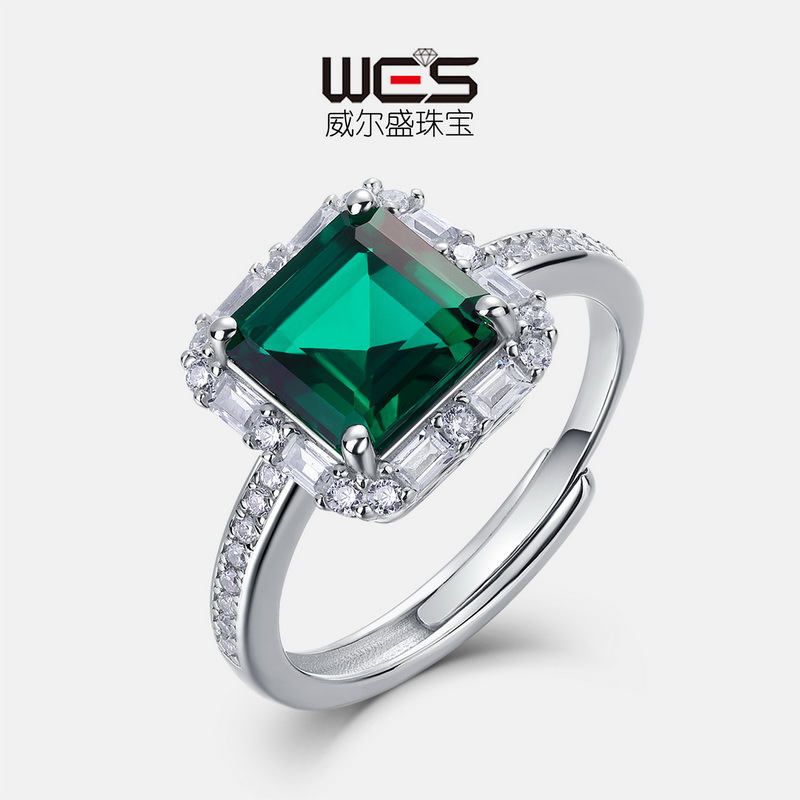 培育祖母绿开口戒指S925银镀18K金PT950铂金培育彩宝钻戒轻奢复古