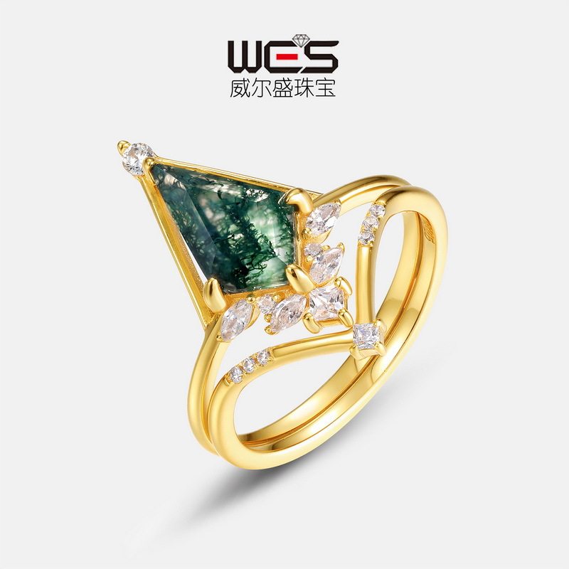 新款天然水草玛瑙组合戒指女S925银镀18K金几何绿苔藓石对戒轻奢