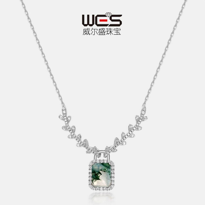 新款S925银镀18K金镶嵌彩宝宝石绿苔藓石项链水草玛瑙锁骨链女