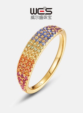 欧美戒指女S925银镀18K金镶嵌彩宝宝石纳米彩锆指戒时尚简约设计