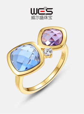 糖果双拼色彩锆戒指女S925银镀18K金镶彩彩宝宝石指戒轻奢大气