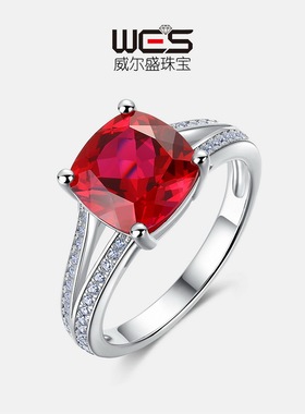 培育红宝蓝宝戒指女S925银镀18K金PT950铂金镶培育彩宝食指戒百搭