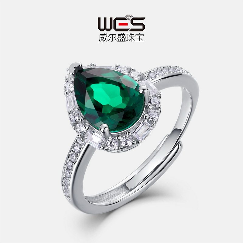 培育祖母绿开口戒指S925银镀18K金PT950铂金水滴型轻奢款高级感