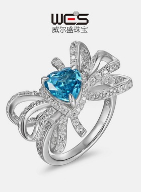 新品S925银镀18K金镶嵌彩宝宝石高碳钻戒指甜美蝴蝶结心形指戒