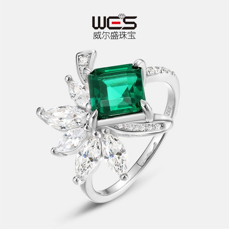 新品培育祖母绿戒指S925银镀18K金PT950铂金马眼镶培育彩宝食指戒