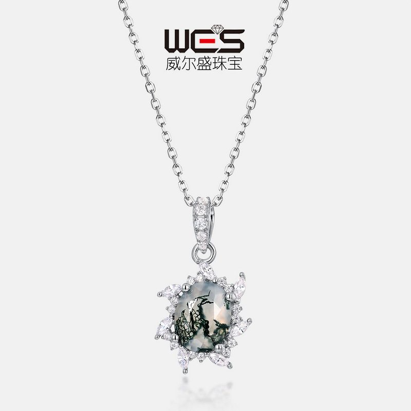 新品S925银镀18K金镶彩宝宝石绿苔藓石吊坠水草玛瑙石项坠太阳花