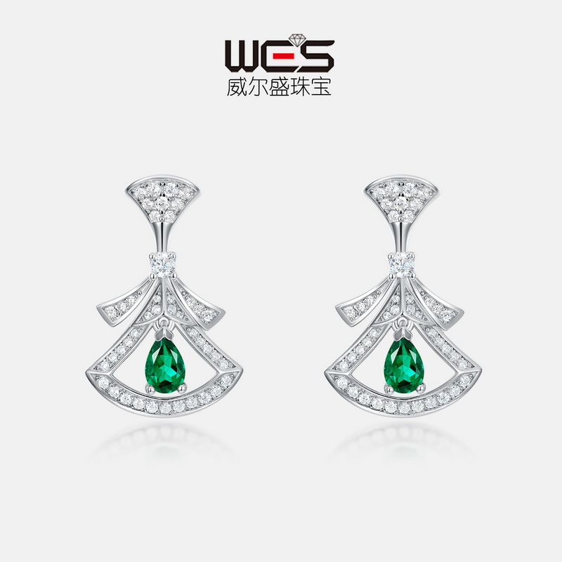 欧美扇形耳坠S925银镀18K金镶嵌彩宝宝石培育祖母绿耳环宫廷复古