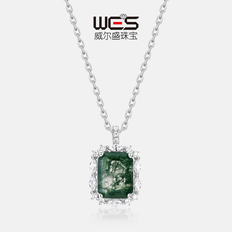 几何天然水草玛瑙吊坠S925银镀18K金PT950铂金镶绿苔藓石项链