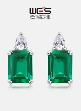 新款复古培育祖母绿耳钉女S925银镀18K金镶嵌彩宝宝石耳饰饰品