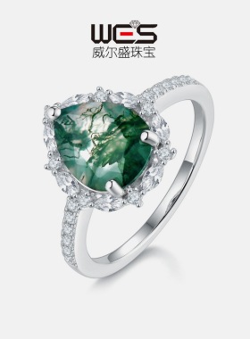 新款S925银镀18K金镶嵌彩宝宝石天然水草玛瑙戒指水滴绿苔藓指戒
